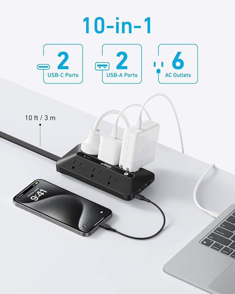 Anker Flat Plug Power Strip 300J with USB Ports, 10-in-1 Ultra Thin Power Strip with 6 AC, 2 USB-A and 2 USB-C Ports,10feet Extension Cord, Desk Charging Station,Home Office College Dorm (Black, 10FT) - Image 3
